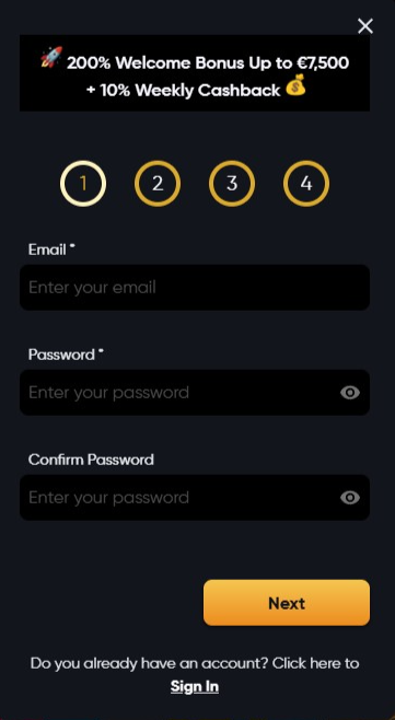instant casino registration form