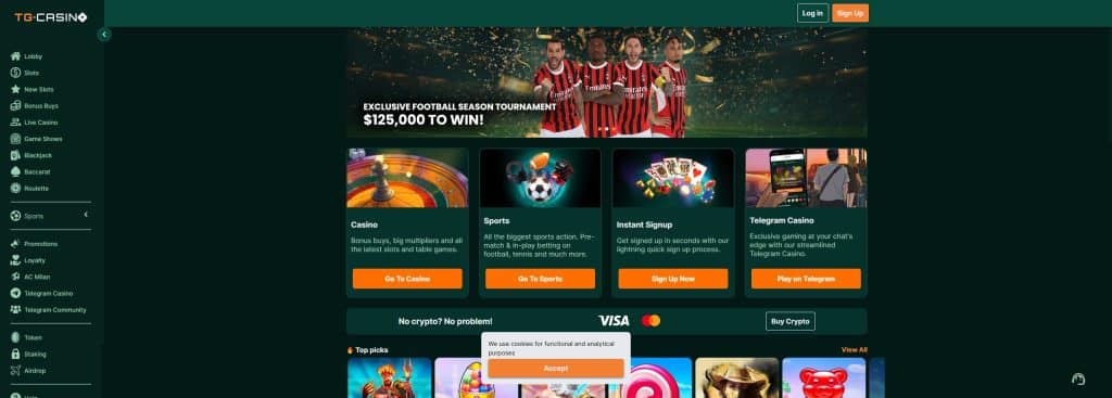 A screenshot of the TG Casino Front Page With Available Promotions TG Casino Home Page - New Online Casinos With Telegram Integration